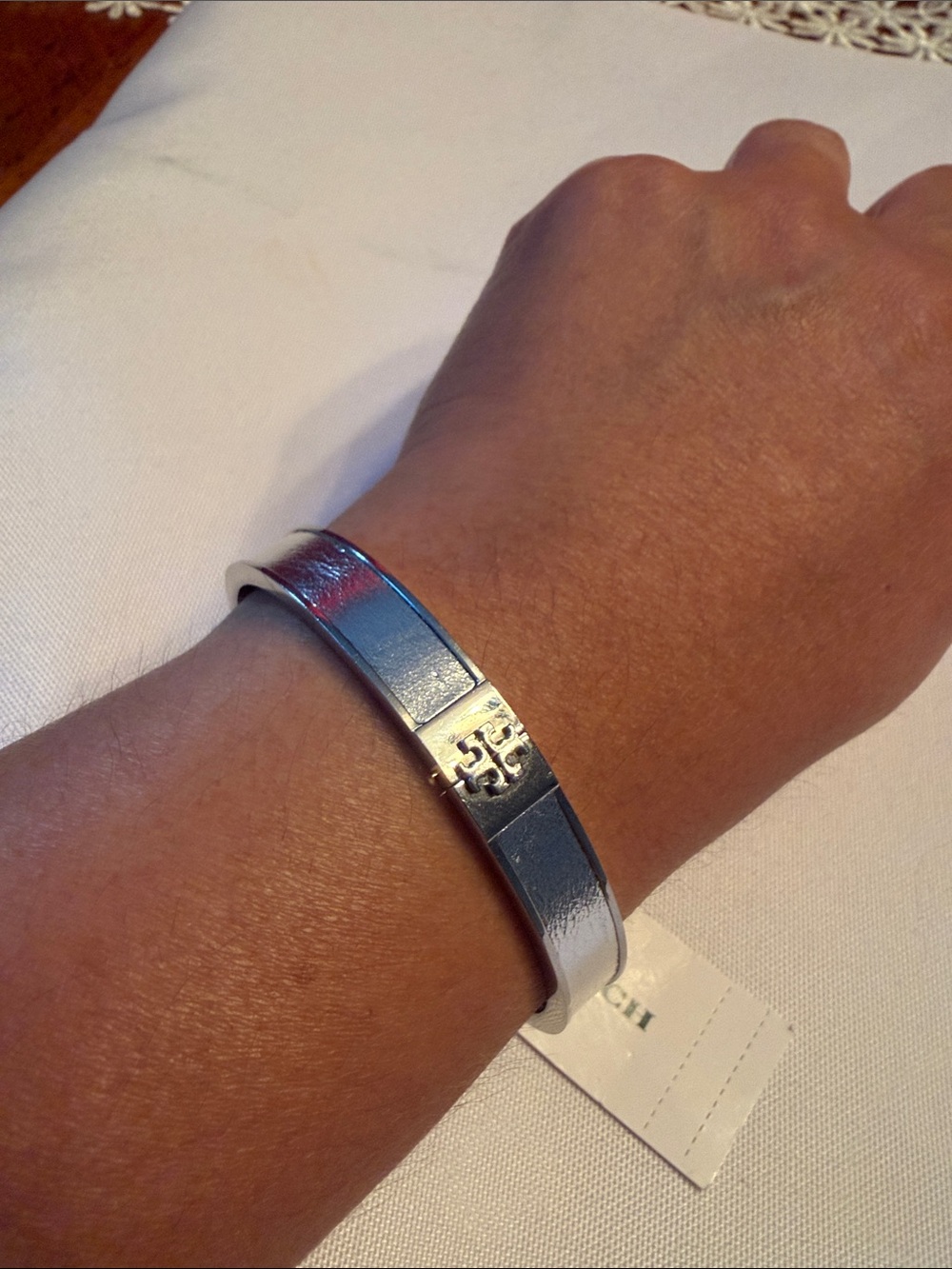 Tory Burch Silver Leather Logo Cuff Bracelet